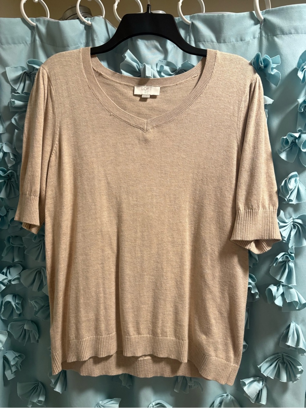 LOFT Beige Short Sleeve V-Neck Lightweight Sweater